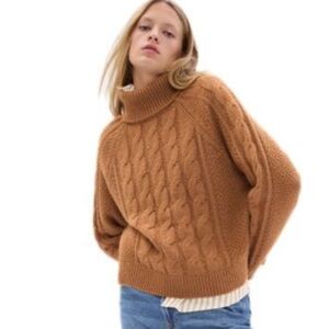 Gap Cable Knit Turtleneck Camel/Tan/Brown Chunky Heavy Sweater Wool Blend size L